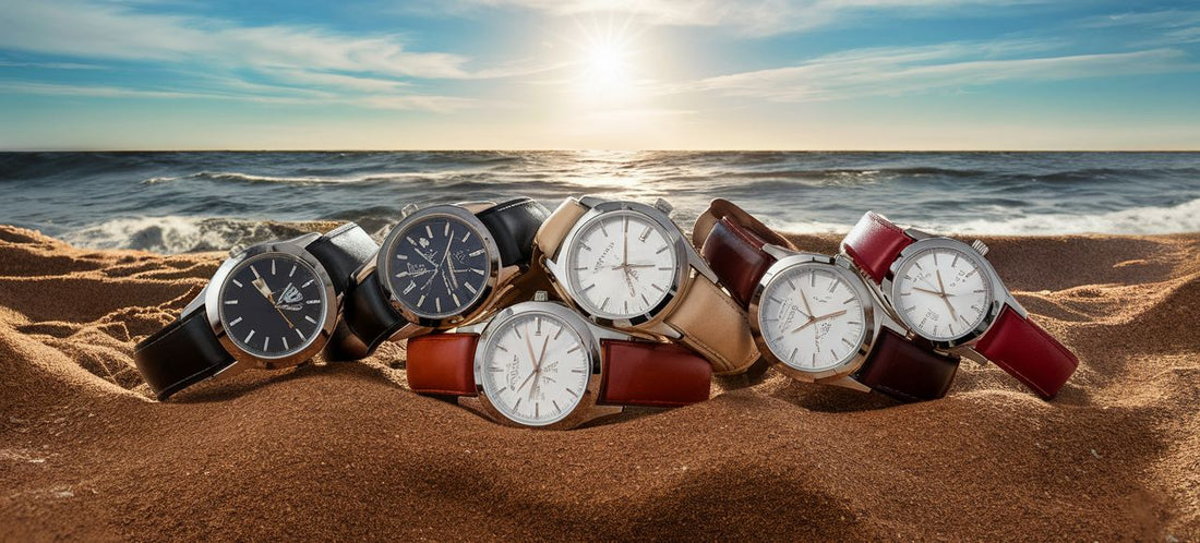 Six montres pour homme et femme avec bracelet en cuir de différents couleurs posés sur plage de sable fin avec vue sur une mer calme, sous le soleil estival qui brille au milieu de quelques nuages blanc..