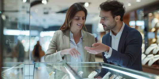 Couple regardant des bracelets dans une vitrine de bijouterie, discutant du choix d’un bijou symbolique pour homme ou femme, ambiance élégante et moderne.
