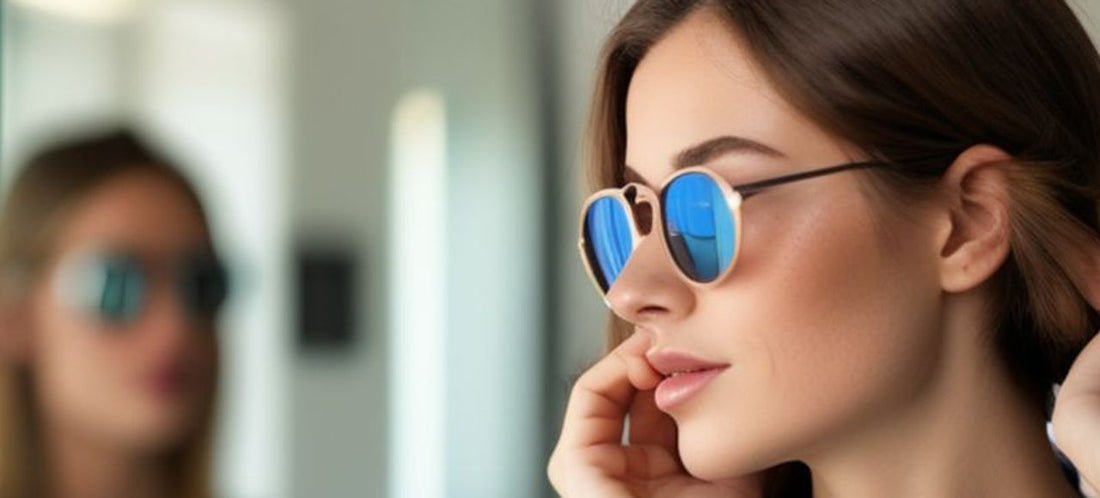 Jolie et jeune femme brune devant un miroir, la main sur son menton, pensive, elle essaye une paire de lunettes de soleil selon les formes de son visage