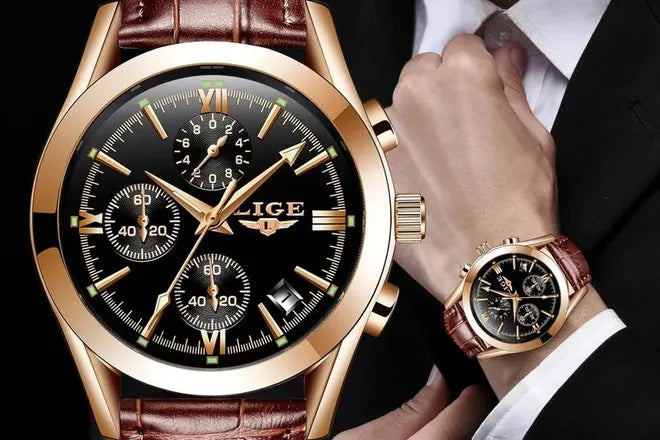 Gros plan. Montre lige, dorée et noire avec bracelet en cuir marron portée au poignet d'un homme élégamment vêtu.