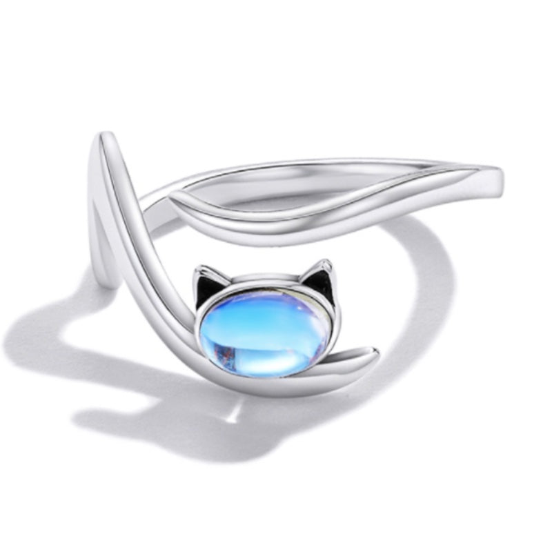 Bague en argent 925, tête de chat en pierre de lune aux reflets bleus - bague ouverte pour une taille ajustable - bijou tendance