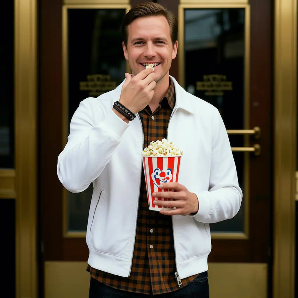 Portrait d'un homme profitant d'une séance de cinéma, le bracelet Oris visible au poignet. L'accord entre le cuir souple texturé et les six perles agate noire souligne un style affirmé et serein.