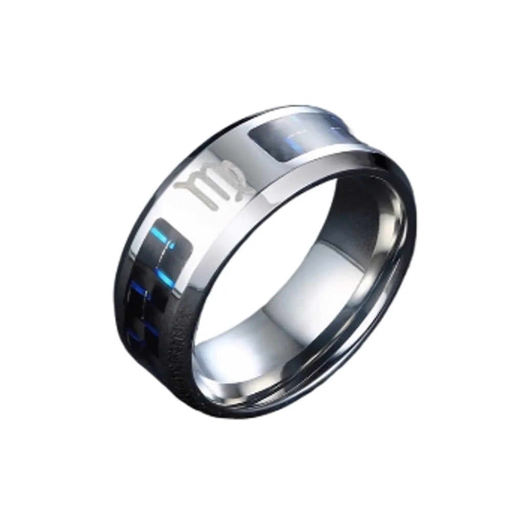 Bague en acier inoxydable pour le signe de la Vierge, design moderne avec fibre de carbone bleue.