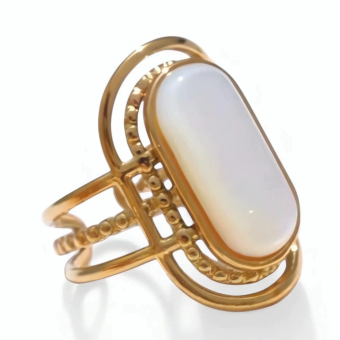 Bague ajourée acier inoxydable or nacre oblongue Eora Akrochic