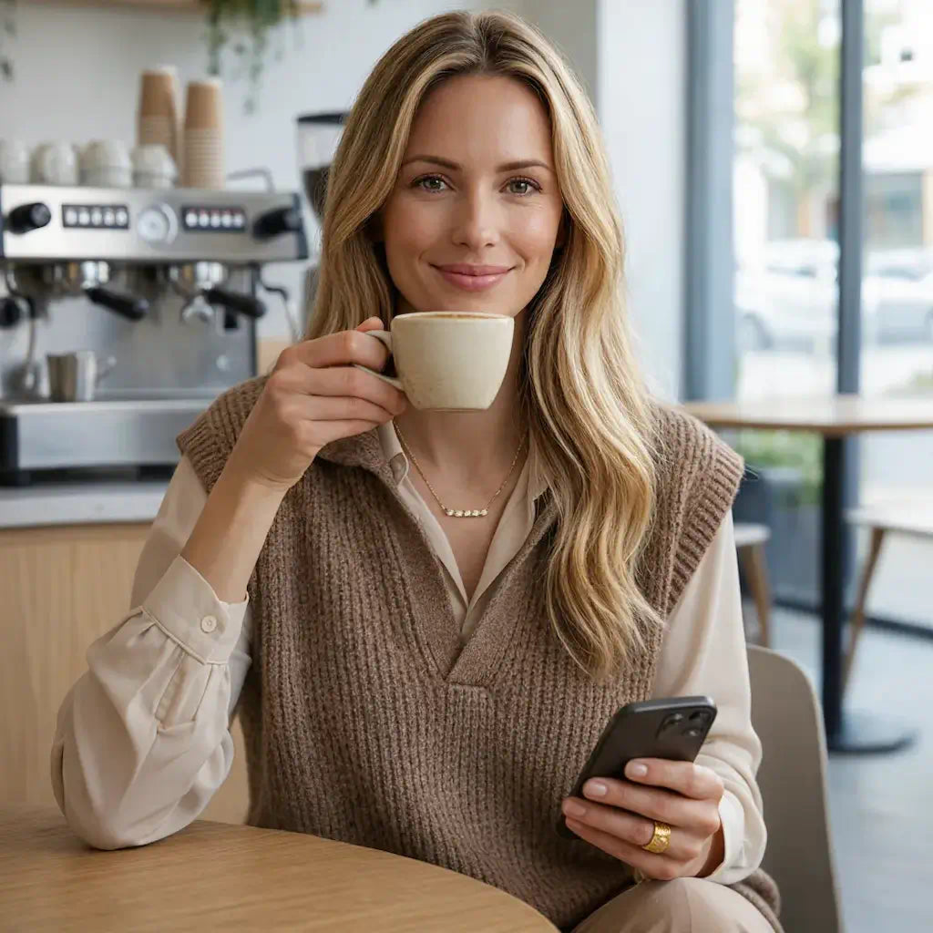 Bague Aura en acier inoxydable fusion or portée lors d'une pause café. Le motif central aux cinq fleurs ciselées et cristal captive le regard avec éclat.