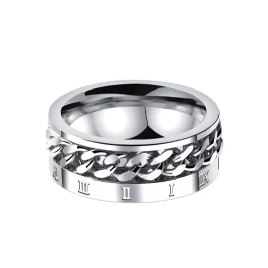 Bague avec chaine rotative et chiffres romains en acier inoxydable – coloris argent.