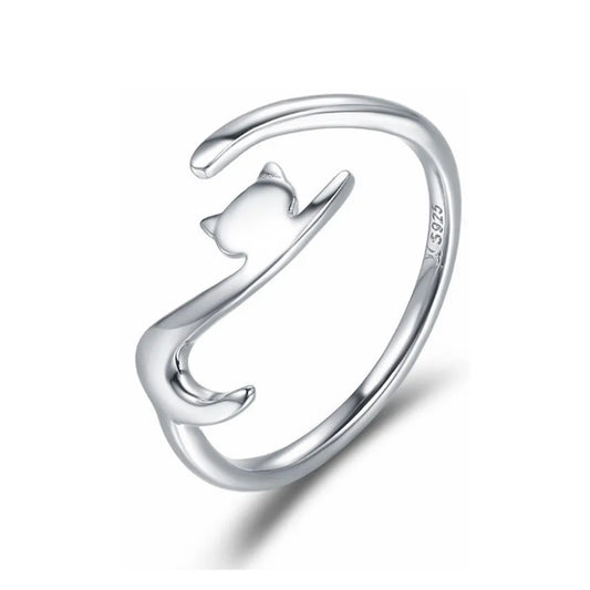 Bague chat allongé en argent 925, bague ouverte ajustable pour femme - plaqué platine