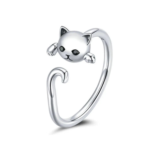 Bague chat mignon en argent 925 ajustable, bijou fantaisie tendance pour femme, design félin ouvert et stylé.