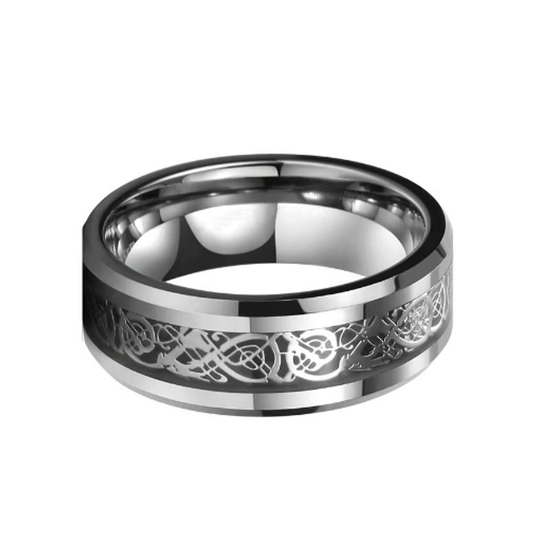 Bague Dragon Celte avec fibre de carbone et acier inoxydable pour homme – coloris argent et noir.