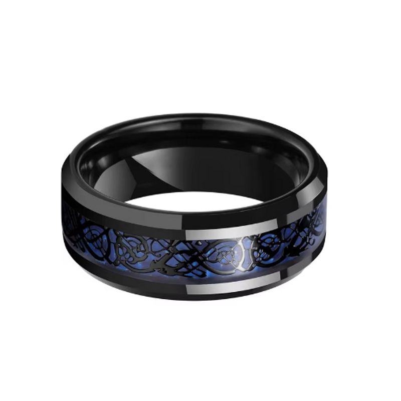 Bague Dragon Celte avec fibre de carbone et acier inoxydable pour homme – coloris noir et bleu.