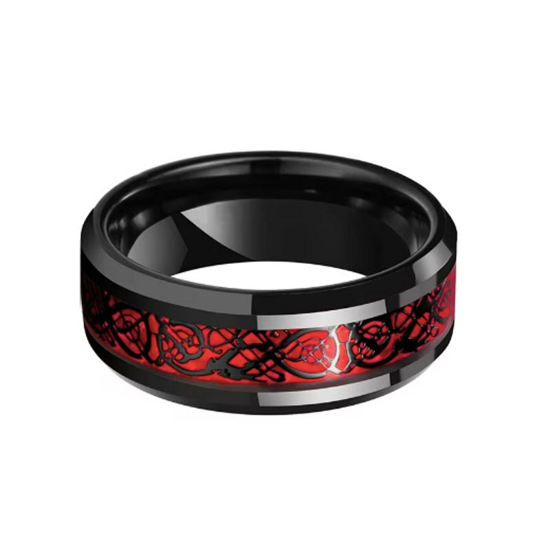 Bague Dragon Celte avec fibre de carbone et acier inoxydable pour homme – coloris noir et rouge.