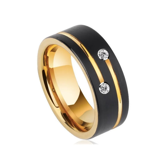 Bague Stella, élégance masculine, anneau céleste en acier inoxydable doré et noir avec zircones blanches.