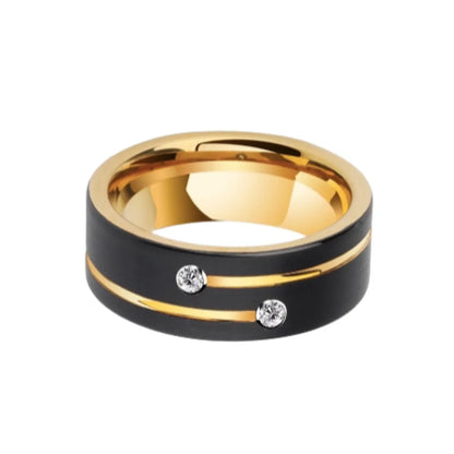 Bague Étoile Filante, élégance céleste en zircone cubique blanche et en acier inoxydable de couleur or et noir – anneau pour homme.