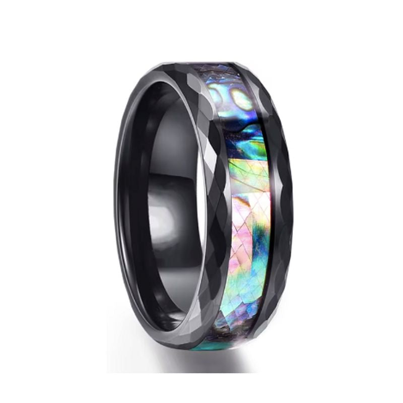 Bague Nacre Ormeau pour homme en acier inoxydable biseauté, anneau présenté, dressé sur un fond tout blanc – coloris argent.