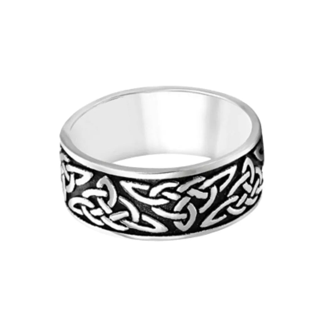 Bague avec nœuds celtique viking en acier inoxydable pour homme, fond blanc – coloris de l'anneau, argent et noir.