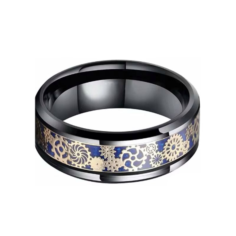 Bague roue dentée steampunk pour homme en acier inoxydable – coloris noir, or et bleu.