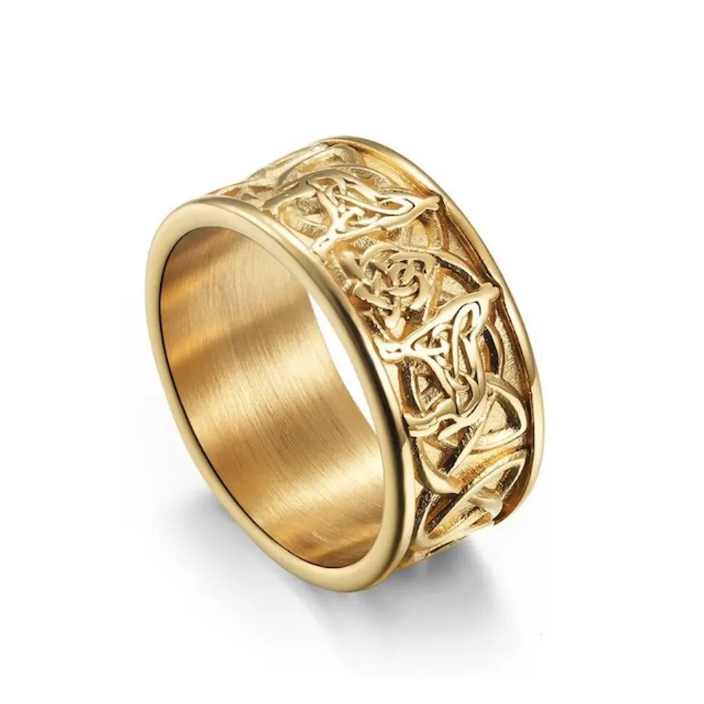 Anneau doré Fenrir loup nordique gravé, bijou symbolique masculin en acier résistant.