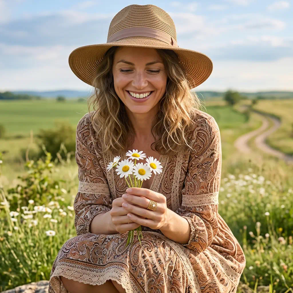 Portrait femme radieuse bouquet marguerites bague Lyna acier fusion or large géométrique ajourée cabochon blanc visible doigt campagne ciel nuageux.