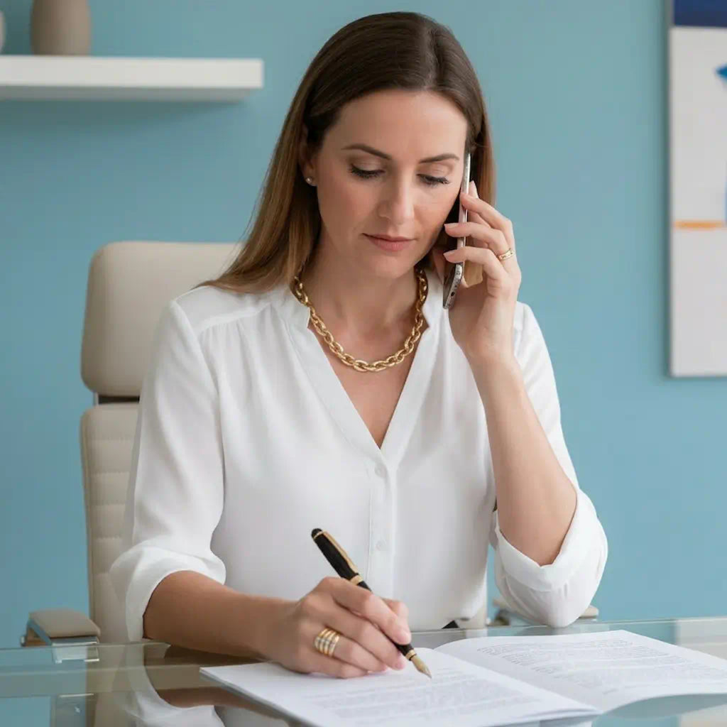 Plan américain d'une femme en chemisier blanc portant la bague Lyra en plaqué or 14K. Les douze zircones scintillent durant un appel, sur fond minimaliste bleu ciel.