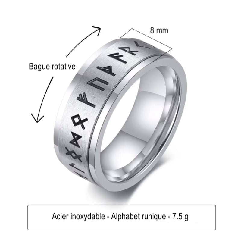 Bague Rune Viking, anneau rotatif avec alphabet runique en acier inoxydable pour homme, posé droit sur un fond blanc – 8 mm de largeur - Poids de 7.5 g – Coloris noir et argent.