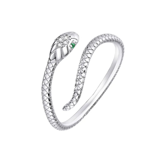 Bague serpent vipère en argent 925 ajustable, avec écailles gravées et œil zircone vert, parfaite pour un look audacieux.