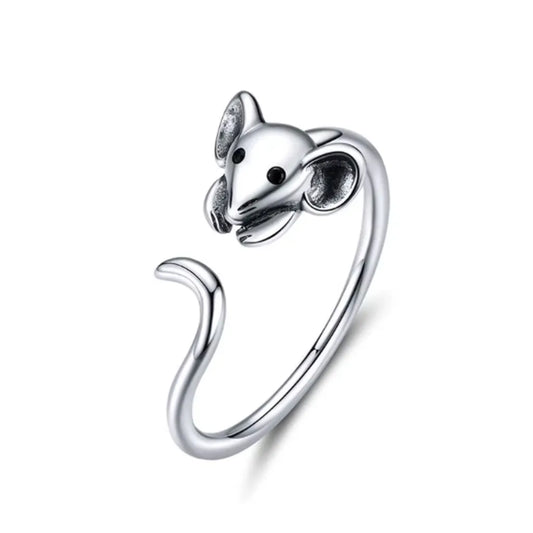 Bague en argent 925 en forme de souris blanche, design adorable pour femme, ajustable et tendance.