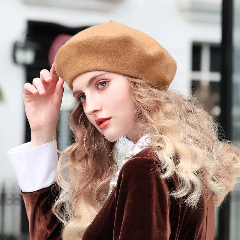 Béret Braque à style classique français en feutre de laine épais et thermique pour femme - couleur marron clair