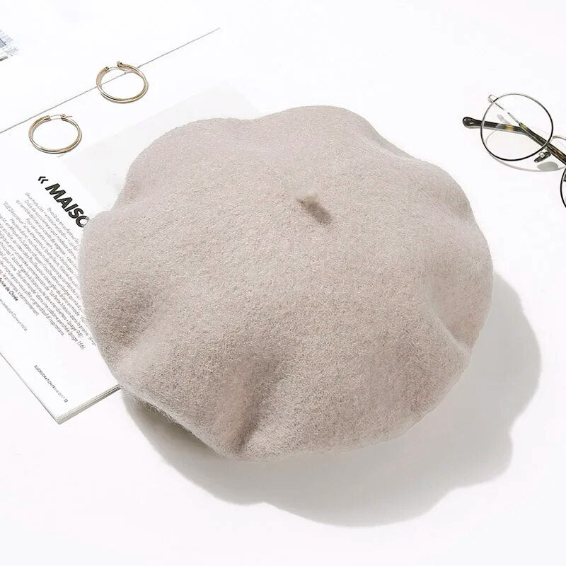 Béret Classique Braque de style français en feutre de laine pour femme - coloris beige