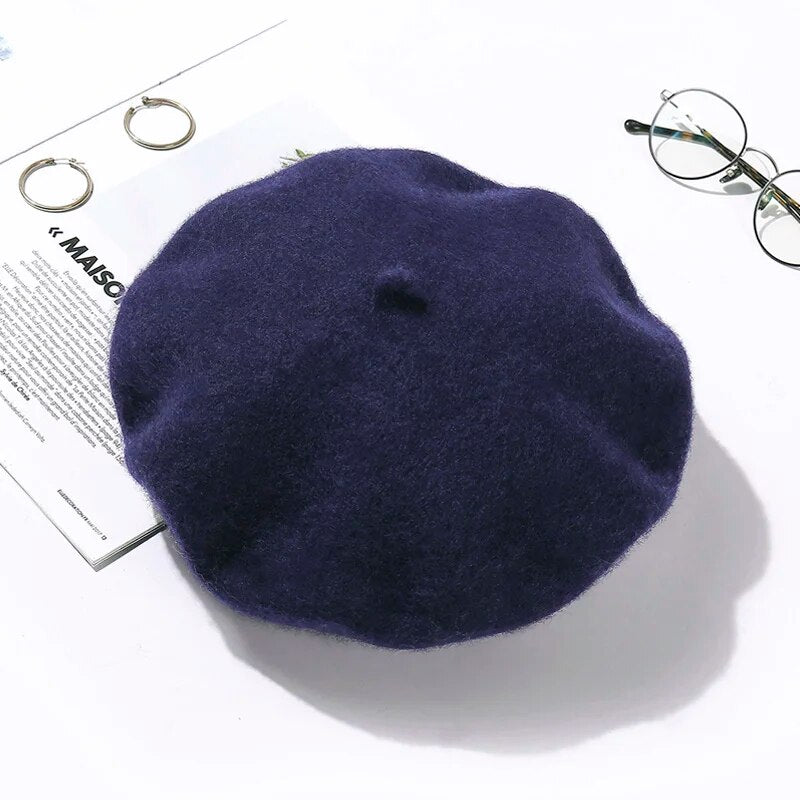 Béret Classique Braque de style français en feutre de laine pour femme - coloris bleu marine