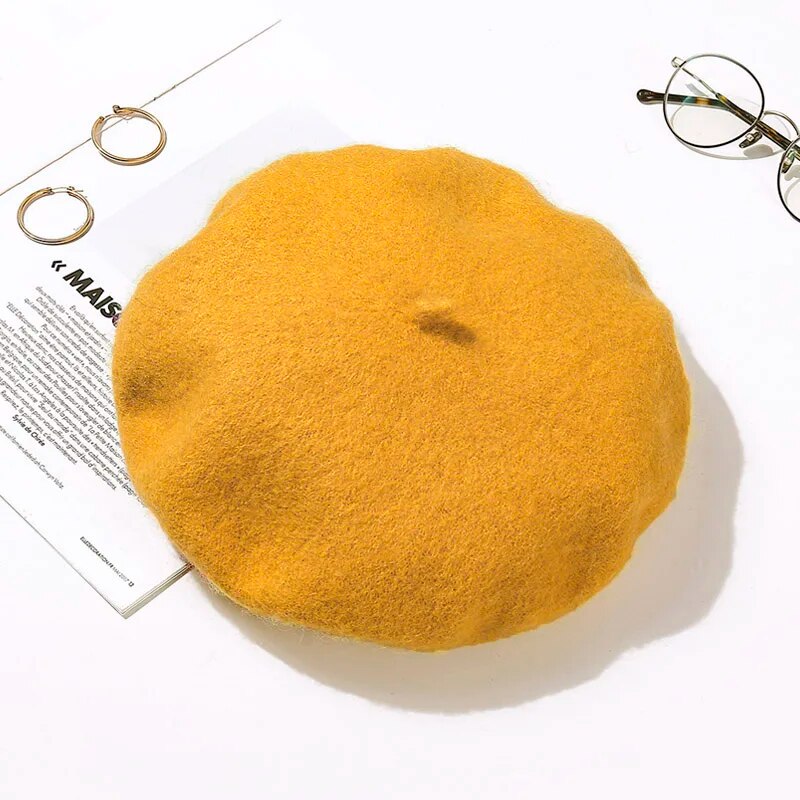 Béret Classique Braque de style français en feutre de laine pour femme - coloris jaune