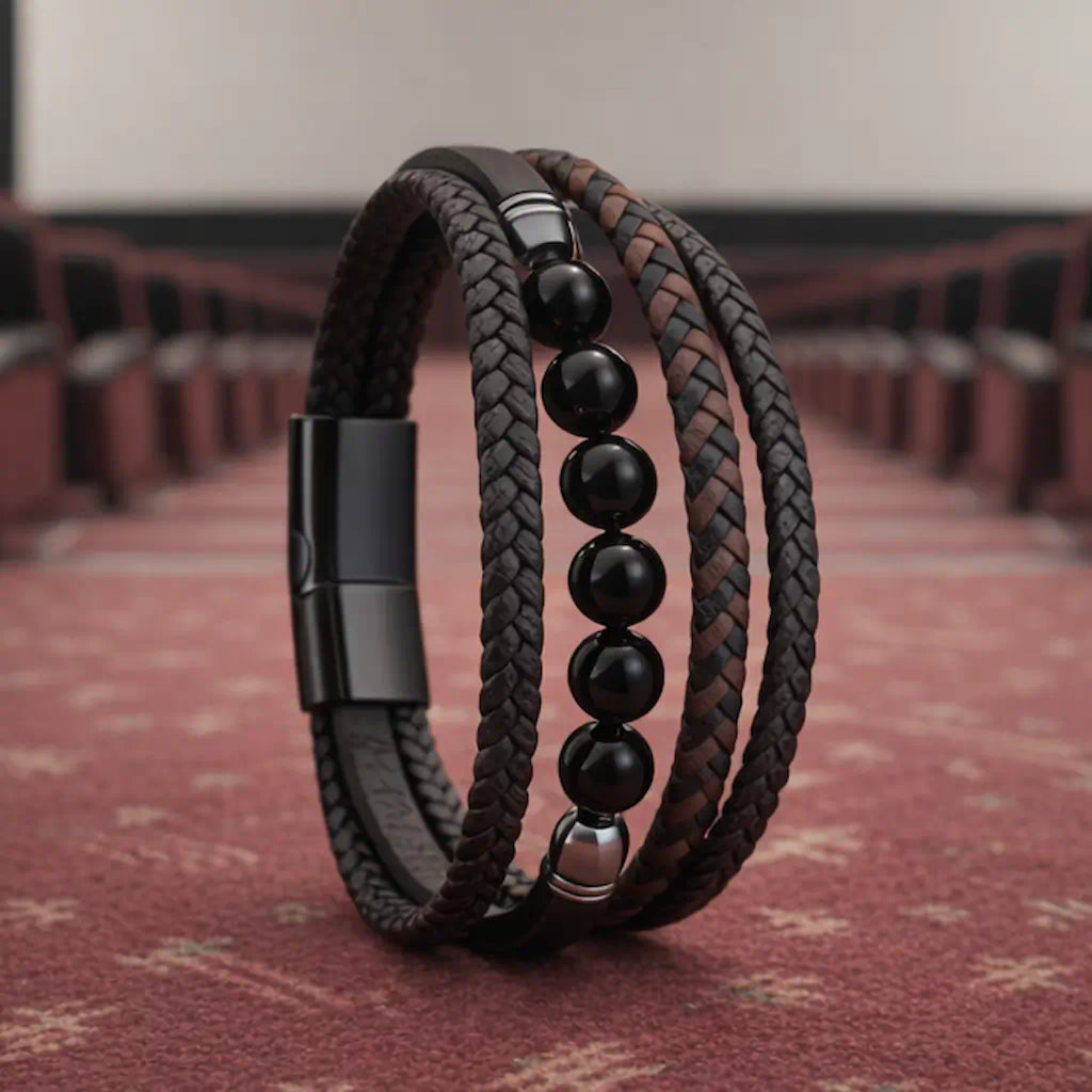 Perspective dynamique du bracelet Oris montrant les embouts en acier noir à effet miroir stabilisant les six perles d'agate. L'ambiance feutrée du décor cinéphile exalte le caractère nocturne et sophistiqué de la pièce.