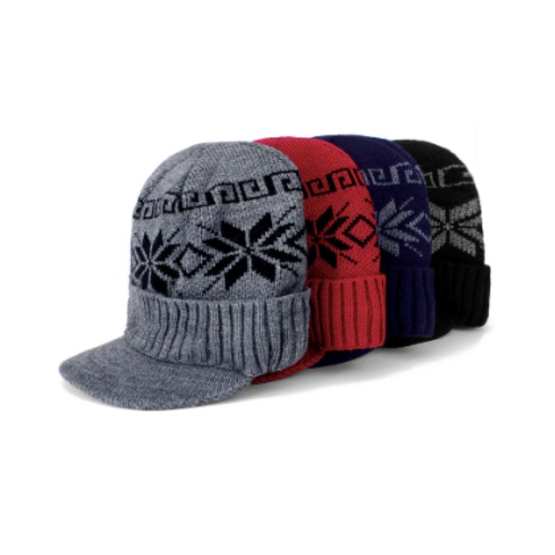 Bonnet casquette pour homme en laine acrylique de qualité frise au motif flocon de neige - quatre couleurs aux choix - noir, bleu marine, rouge et noir