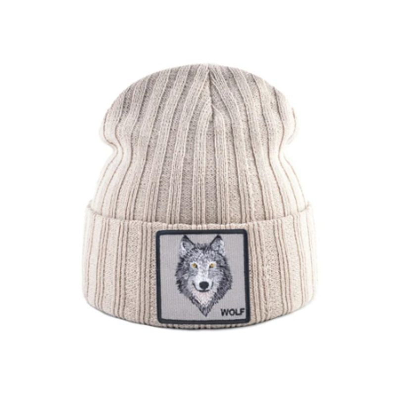 Bonnet Loup en laine acrylique, doux et chaud - écusson brodé Wolf - coloris beige