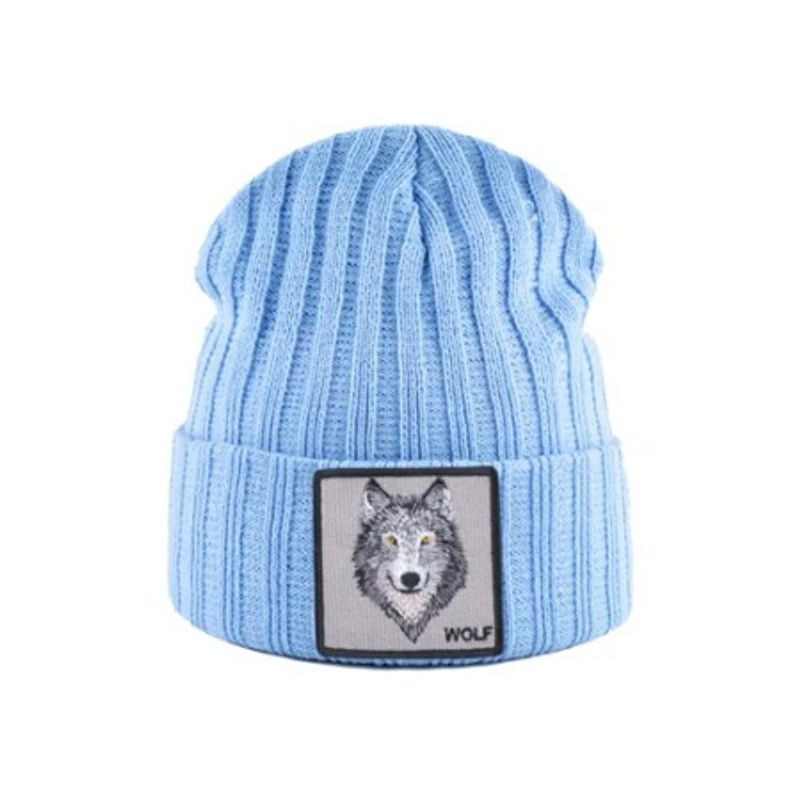 Bonnet Loup en laine acrylique, doux et chaud - écusson brodé Wolf - coloris bleu cierl