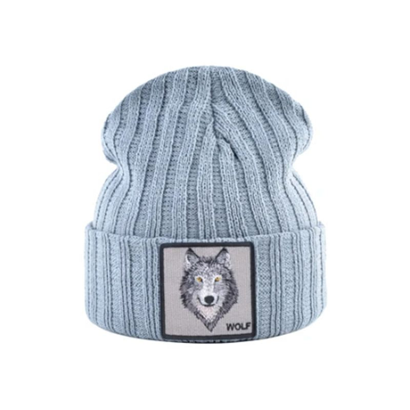 Bonnet Loup en laine acrylique, doux et chaud - écusson brodé Wolf - coloris gris bleu