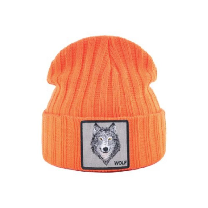 Bonnet Loup en laine acrylique, doux et chaud - écusson brodé Wolf - coloris orange