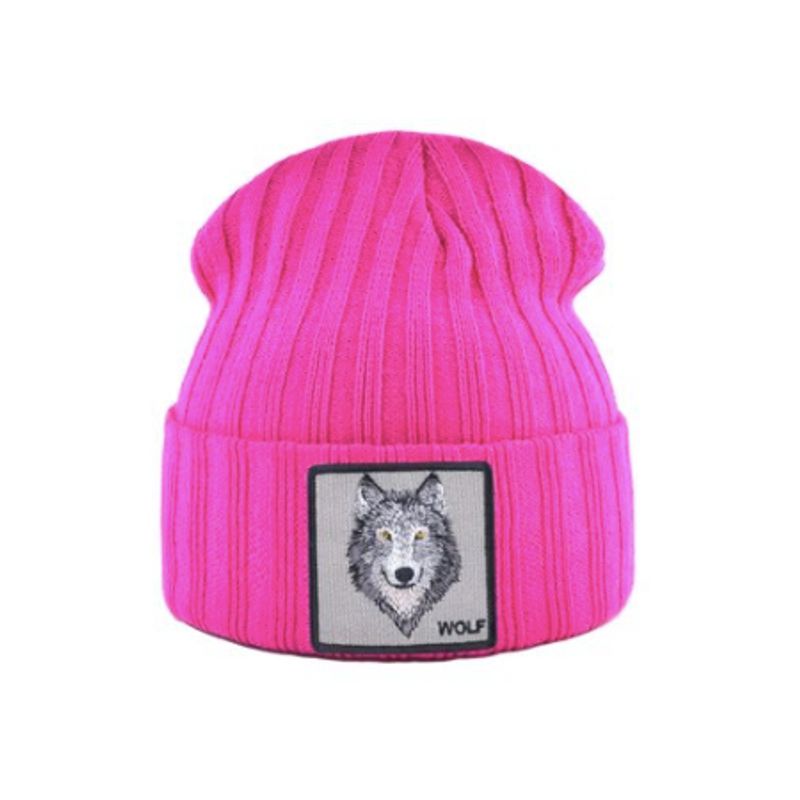 Bonnet Loup en laine acrylique, doux et chaud - écusson brodé Wolf - coloris rose