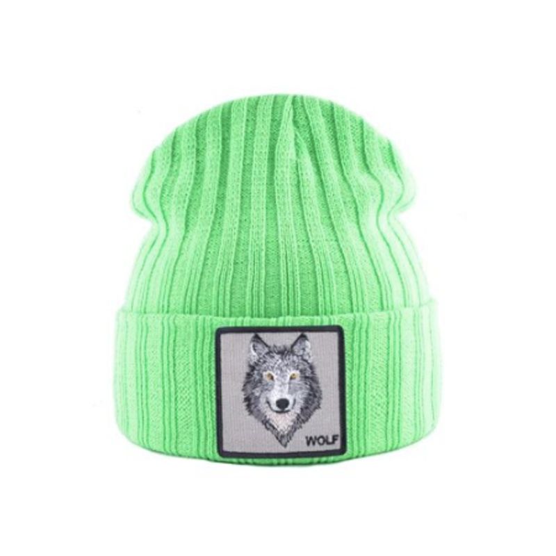 Bonnet Loup en laine acrylique, doux et chaud - écusson brodé Wolf - coloris vert