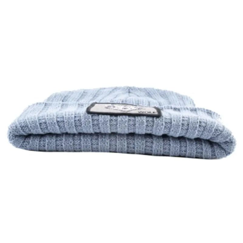Bonnet Loup en laine acrylique, doux et chaud - écusson brodé Wolf sur le rebord large et épais- coloris bleu gris