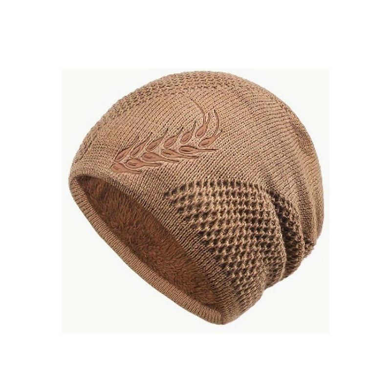 Bonnet Osiris tricoté gaufre en laine acrylique avec brodure au motif épi de blé, sa doublure douce est en fourrure de peluche en polyester - coloris beige