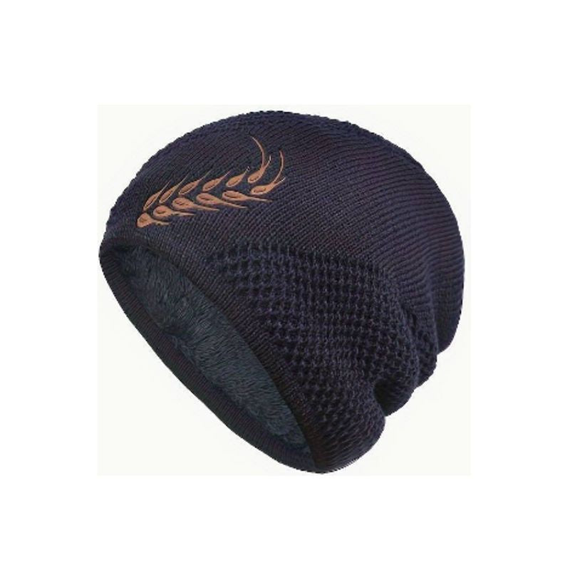 Bonnet Osiris tricoté gaufre en laine acrylique avec brodure au motif épi de blé, sa doublure douce est en fourrure de peluche en polyester - coloris bleu marine