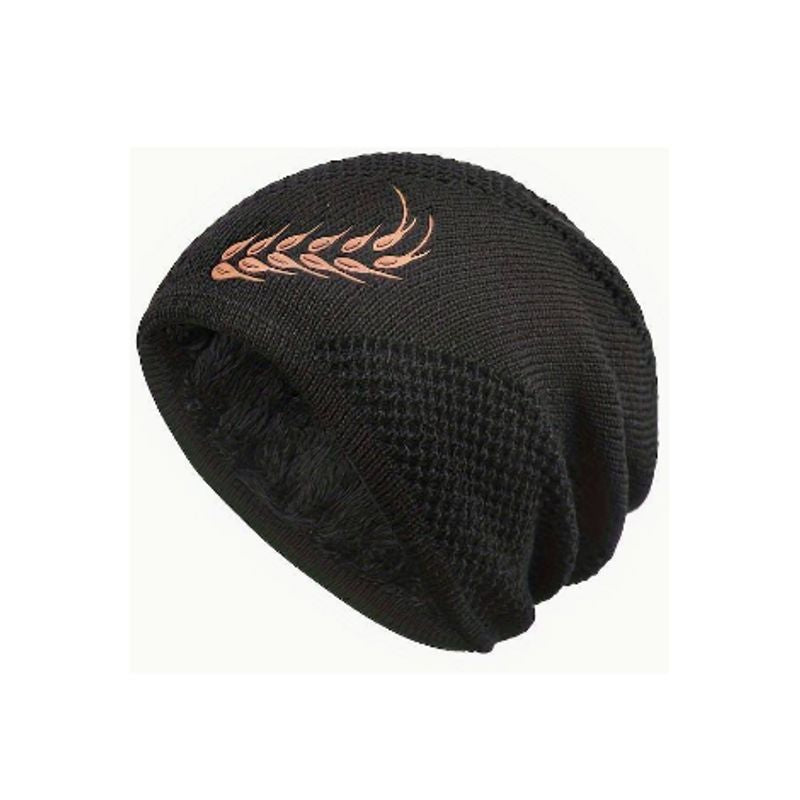 Bonnet Osiris tricoté gaufre en laine acrylique avec brodure au motif épi de blé, sa doublure douce est en fourrure de peluche en polyester - coloris noir