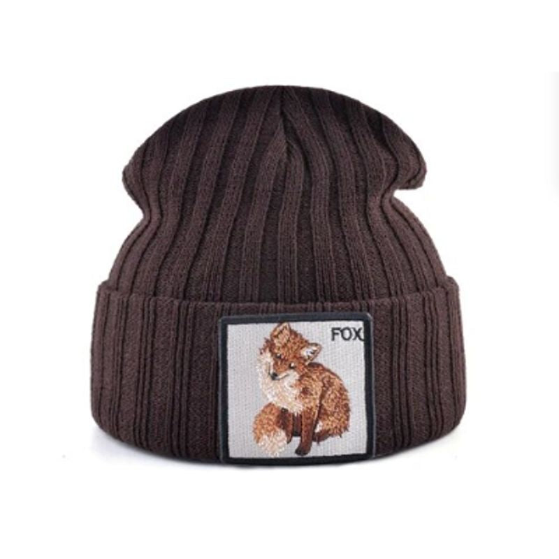 Bonnet Renard en laine acrylique, doux et chaud - écusson brodé Fox - coloris marron
