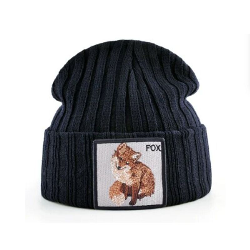 Bonnet Renard en laine acrylique, doux et chaud - écusson brodé Fox - coloris noir