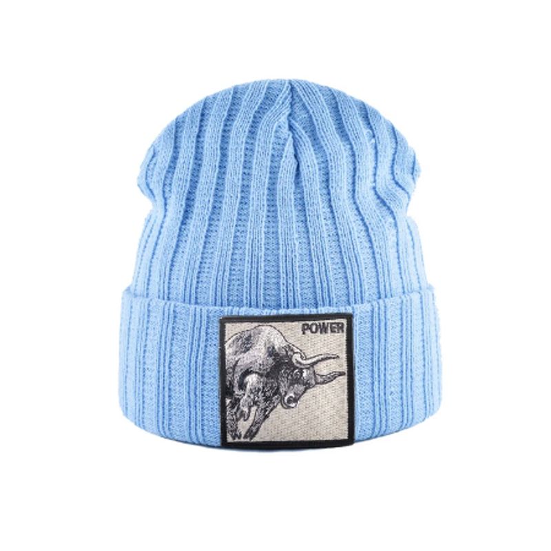 Bonnet Taureau en laine acrylique, doux et chaud - écusson brodé Power - coloris bleu ciel