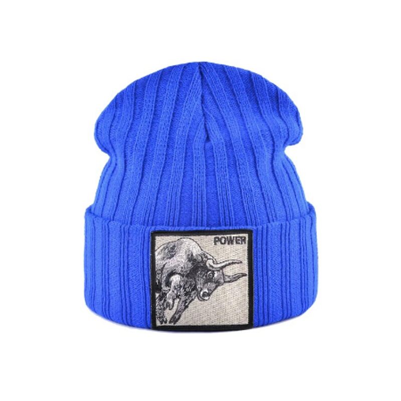Bonnet Taureau en laine acrylique, doux et chaud - écusson brodé Power - coloris bleu roi