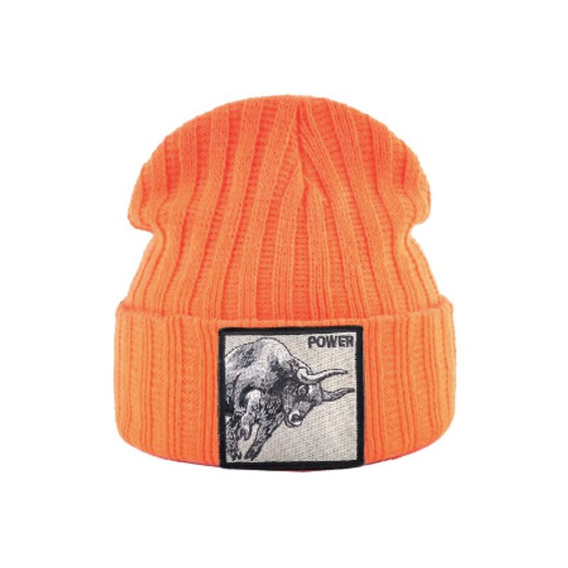 Bonnet Taureau en laine acrylique, doux et chaud - écusson brodé Power - coloris orange
