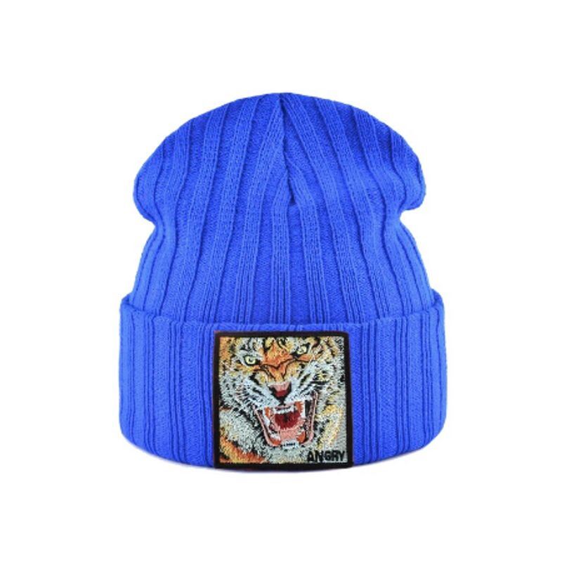 Bonnet Tigre en laine acrylique, doux et chaud - écusson brodé Tigre Angry - coloris bleu roi
