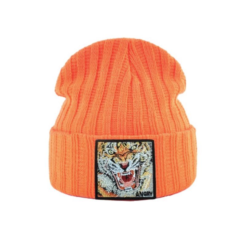 Bonnet Tigre en laine acrylique, doux et chaud - écusson brodé Tigre Angry - coloris orange