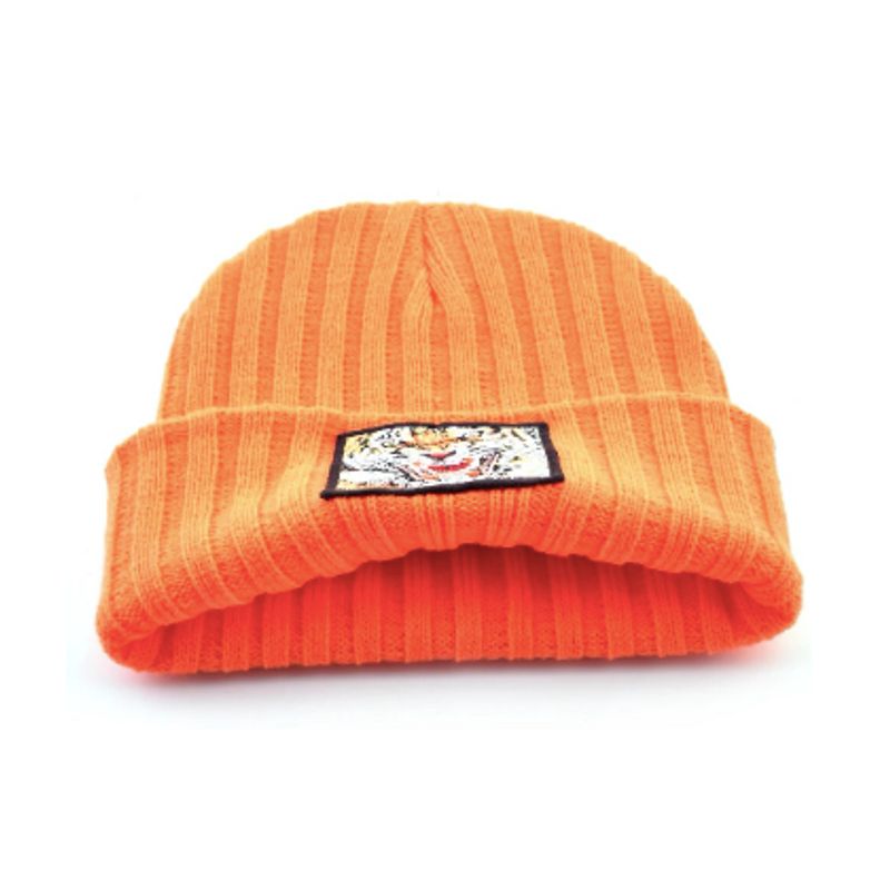 Bonnet Tigre en laine acrylique, doux et chaud - écusson brodé Angry sur le rebord large et épais- coloris orange